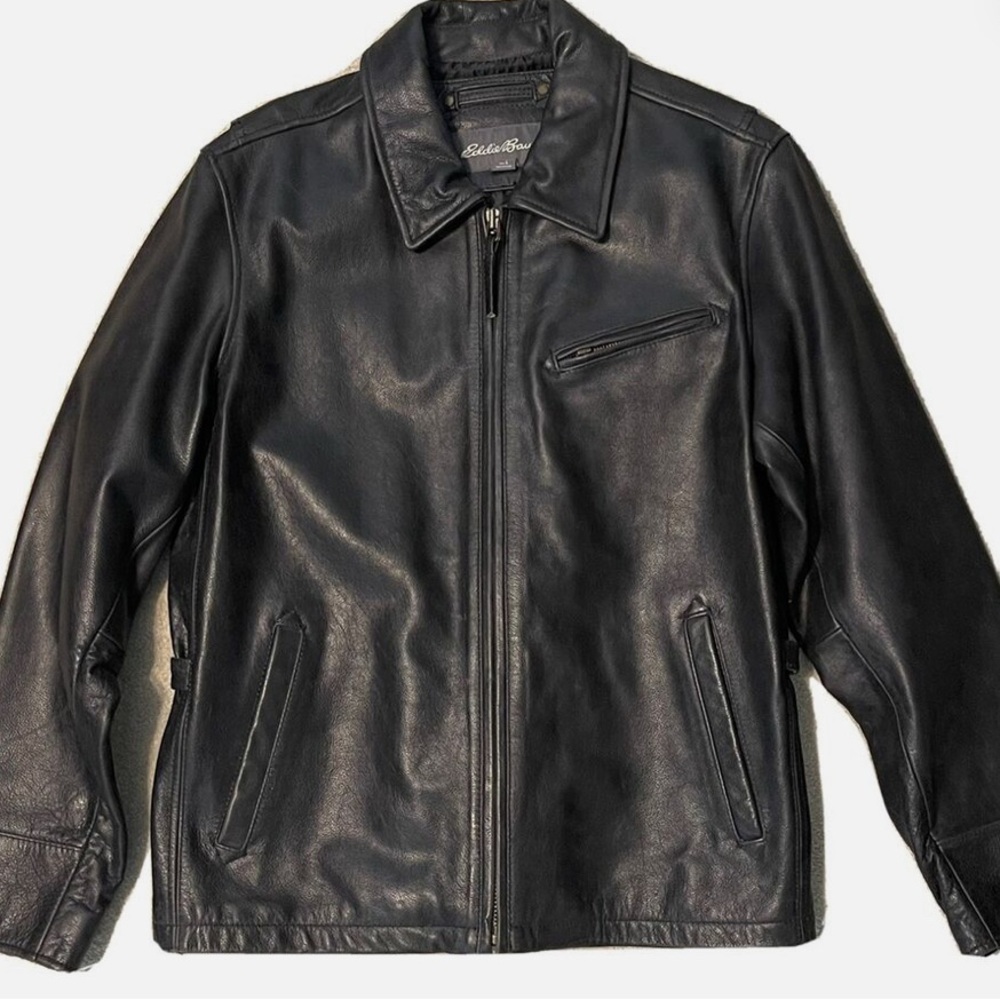 VINTAGE EDDIE BAUER Black Distressed Full Zip Leather Jacket Women’s Small - Picture 1 of 4
